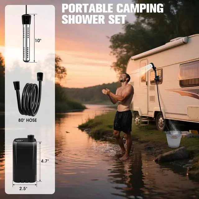 Alt view image 5 of 7 - Portable Shower with Heater, 6000mAh Battery Powered Portable Shower for Camping with 2000W Auto-Off Heater, Spray Adjustable Camping Shower with Heater, Digital Power & Temperature Display for Hiking