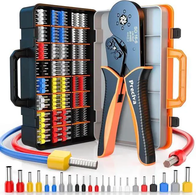 Main image of Ferrule Crimping Tool Kit, Self-Adjustable Ratchet Crimper for AWG 28-5 Ferrules - Includes 1275PCS Hexagonal Double & Single Wire Connectors