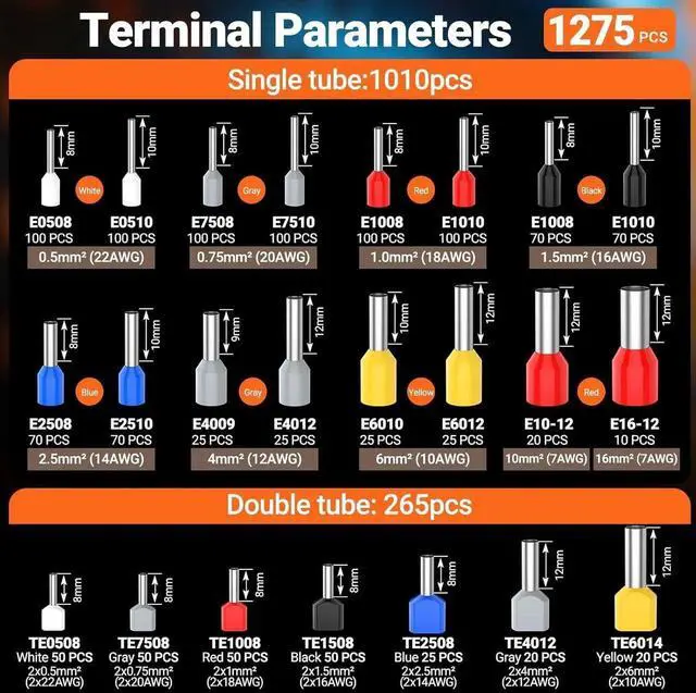 Alt view image 5 of 7 - Ferrule Crimping Tool Kit, Self-Adjustable Ratchet Crimper for AWG 28-5 Ferrules - Includes 1275PCS Hexagonal Double & Single Wire Connectors