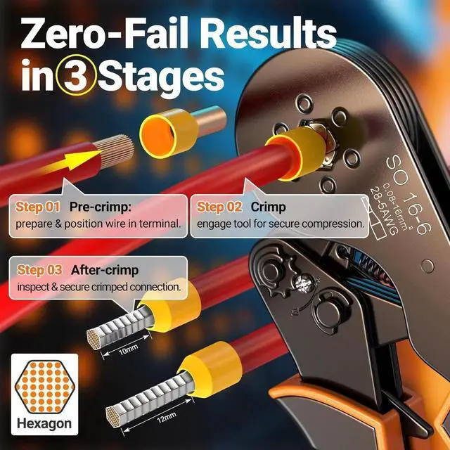 Alt view image 3 of 7 - Ferrule Crimping Tool Kit, Self-Adjustable Ratchet Crimper for AWG 28-5 Ferrules - Includes 1275PCS Hexagonal Double & Single Wire Connectors
