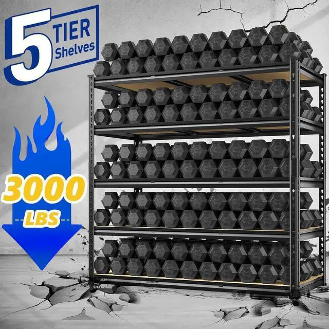 Alt view image 4 of 7 - 48" W Garage Shelving Heavy Duty, 3000LBS Storage Shelves, 5-Tier Adjust Metal Shelving, Garage Shelves Sturdy Industrial Shelf, Easy Assemble, 72" H x 48" W x 18" D