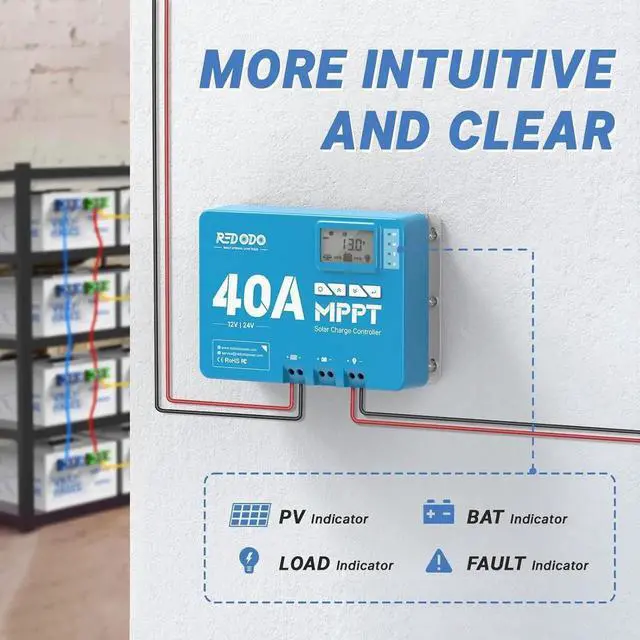 Alt view image 2 of 7 - 40 Amp MPPT 12V/24V DC Input Solar Charge Controller with Built-in Bluetooth Module, Parameter Adjustable LCD Display LED Indicators
