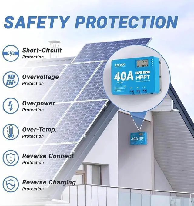 Alt view image 3 of 7 - 40 Amp MPPT 12V/24V DC Input Solar Charge Controller with Built-in Bluetooth Module, Parameter Adjustable LCD Display LED Indicators