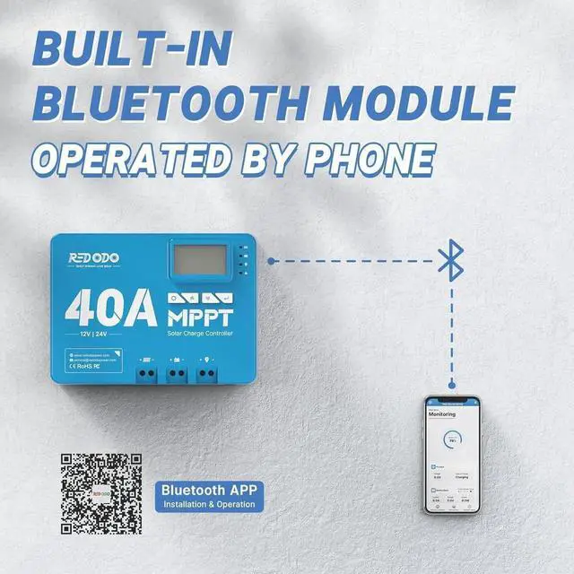 Alt view image 7 of 7 - 40 Amp MPPT 12V/24V DC Input Solar Charge Controller with Built-in Bluetooth Module, Parameter Adjustable LCD Display LED Indicators