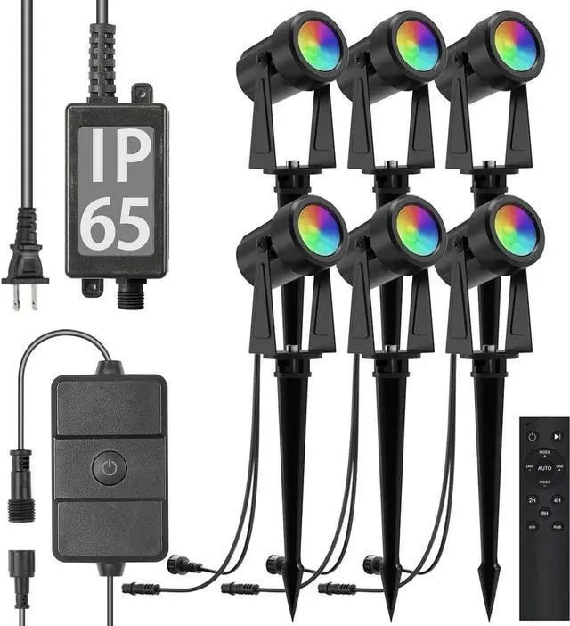 Main image of Outdoor Landscape Lighting with Remote, RGBW Color Changing Spot Uplights, 6 Pack