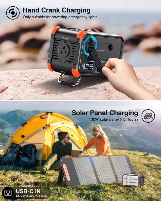 Alt view image 5 of 7 - Portable Power Station 153Wh Camping Small Solar Generator with Hand Crank 120V 150W AC Outlet Lithium Battery Power Bank, Wireless Charging Emergency Charger for Outdoor Travel Home Backup