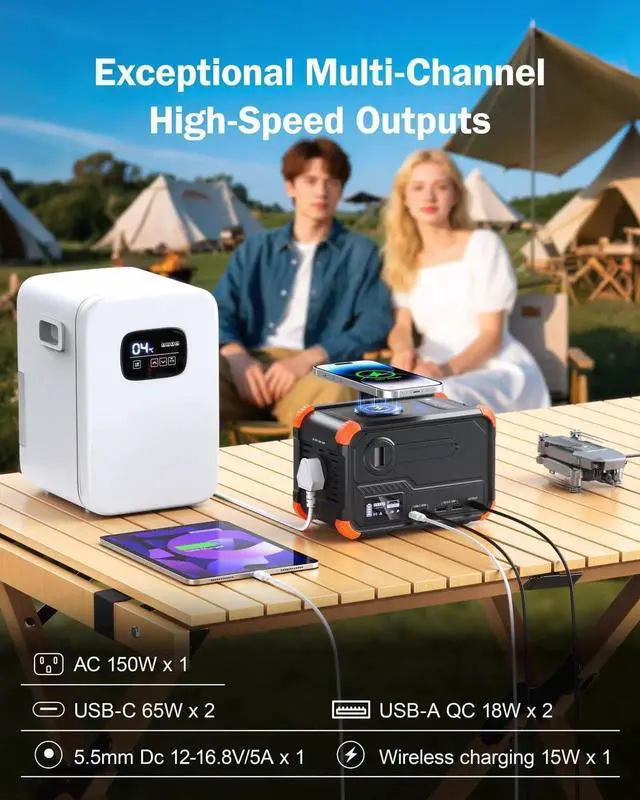 Alt view image 6 of 7 - Portable Power Station 153Wh Camping Small Solar Generator with Hand Crank 120V 150W AC Outlet Lithium Battery Power Bank, Wireless Charging Emergency Charger for Outdoor Travel Home Backup