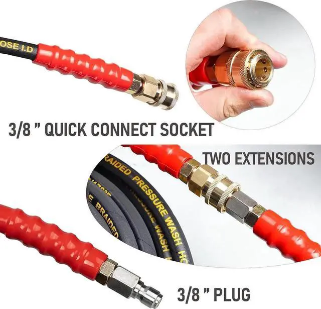 Alt view image 6 of 6 - 100 FT Pressure Washer Hose with 3/8" Quick Connect, 4000 PSI Kink Rstant High Tensile Wire Power Washer Hose