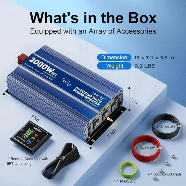 Alt view image 4 of 7 - 2000 Watt Pure Sine Wave Inverter, 12V DC to 120V AC Converter for RV Truck Off-Grid Solar Home Power Inverter with 3 Outlet, 5V 2.4A USB, Remote Control Compatible Lithium Battery by