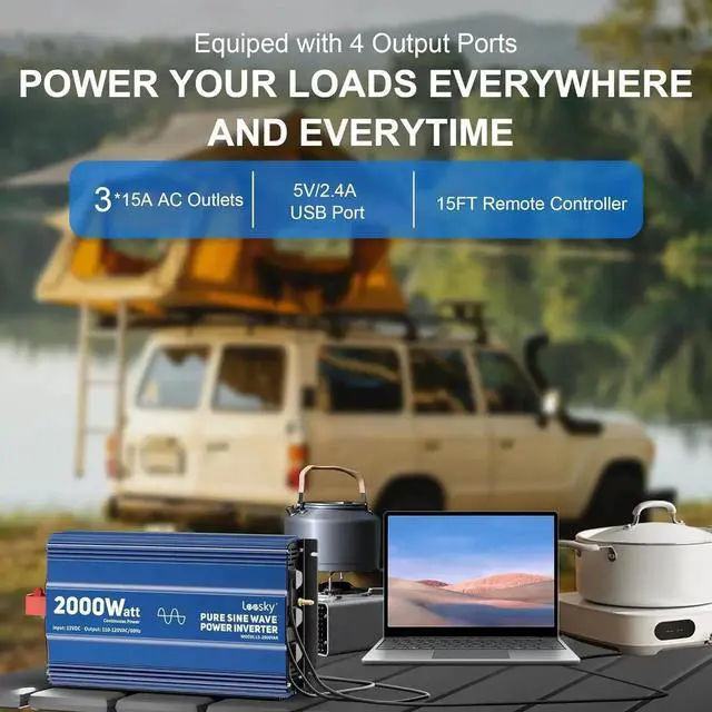 Alt view image 2 of 7 - 2000 Watt Pure Sine Wave Inverter, 12V DC to 120V AC Converter for RV Truck Off-Grid Solar Home Power Inverter with 3 Outlet, 5V 2.4A USB, Remote Control Compatible Lithium Battery by