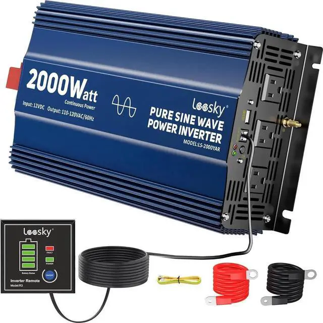 Main image of 2000 Watt Pure Sine Wave Inverter, 12V DC to 120V AC Converter for RV Truck Off-Grid Solar Home Power Inverter with 3 Outlet, 5V 2.4A USB, Remote Control Compatible Lithium Battery by