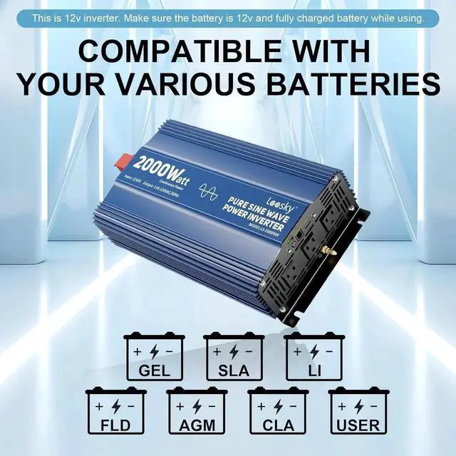 Alt view image 5 of 7 - 2000 Watt Pure Sine Wave Inverter, 12V DC to 120V AC Converter for RV Truck Off-Grid Solar Home Power Inverter with 3 Outlet, 5V 2.4A USB, Remote Control Compatible Lithium Battery by