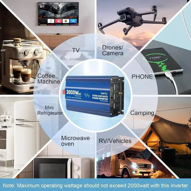 Alt view image 6 of 7 - 2000 Watt Pure Sine Wave Inverter, 12V DC to 120V AC Converter for RV Truck Off-Grid Solar Home Power Inverter with 3 Outlet, 5V 2.4A USB, Remote Control Compatible Lithium Battery by