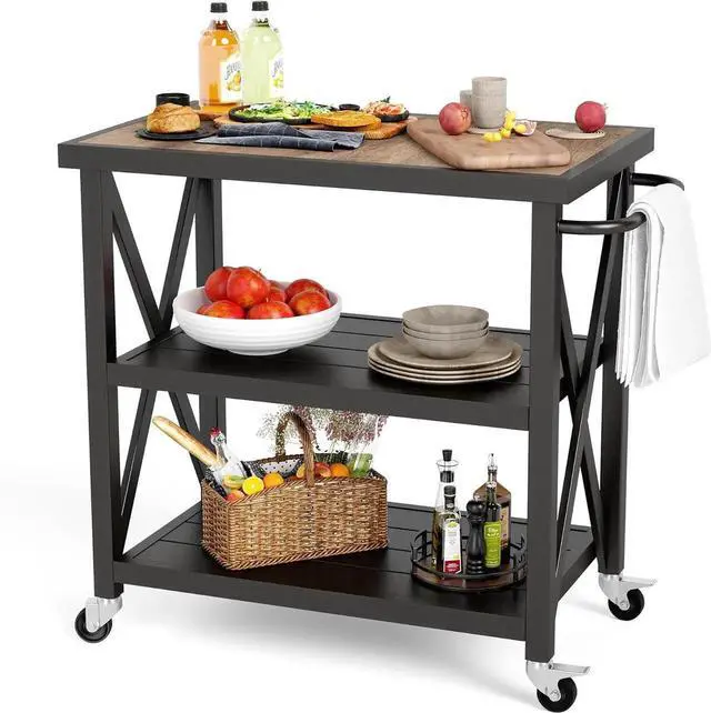 Alt view image 5 of 7 - Outdoor Grill Table, Elegant Grill Cart with Ceramic Wood Grain Table Top, Serving Cart with Shelves, Patio Grilling Backyard BBQ Grill Cart, Black