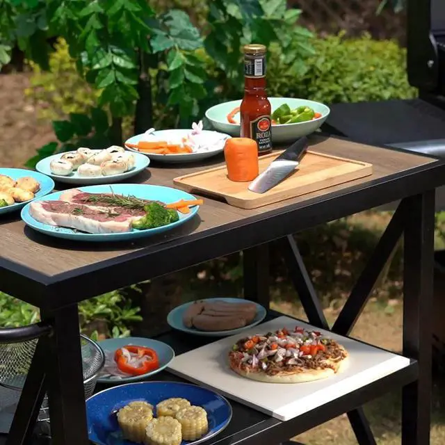 Alt view image 3 of 7 - Outdoor Grill Table, Elegant Grill Cart with Ceramic Wood Grain Table Top, Serving Cart with Shelves, Patio Grilling Backyard BBQ Grill Cart, Black