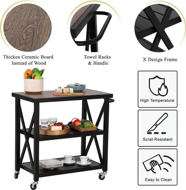 Alt view image 6 of 7 - Outdoor Grill Table, Elegant Grill Cart with Ceramic Wood Grain Table Top, Serving Cart with Shelves, Patio Grilling Backyard BBQ Grill Cart, Black