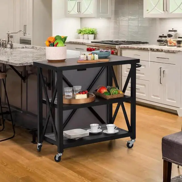 Alt view image 2 of 7 - Outdoor Grill Table, Elegant Grill Cart with Ceramic Wood Grain Table Top, Serving Cart with Shelves, Patio Grilling Backyard BBQ Grill Cart, Black