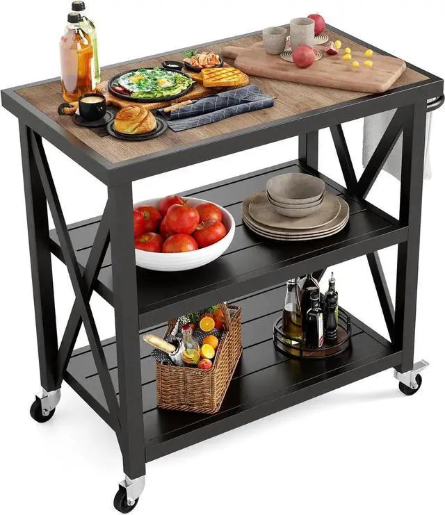 Main image of Outdoor Grill Table, Elegant Grill Cart with Ceramic Wood Grain Table Top, Serving Cart with Shelves, Patio Grilling Backyard BBQ Grill Cart, Black