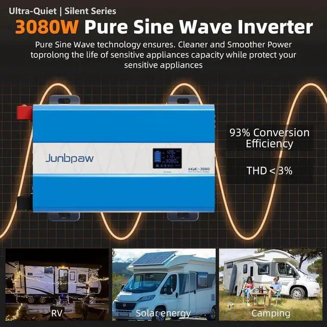 Alt view image 5 of 7 - 3080W Pure Sine Wave Power Inverter - 30dB Ultra Quiet, 6000W Surge, Game-Changing Design | 12V to 110V AC Converter for Home, RV, Camping, Off-Grid & Outdoor Adventures