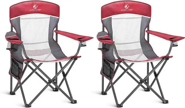 Main image of 2PC Oversized Mesh Back Camping Folding Chair Heavy Duty Support 350 LBS Collapsible Steel Frame Quad Chair Padded Arm Chair with Cup Holder Portable for Outdoor (Red-2PC)