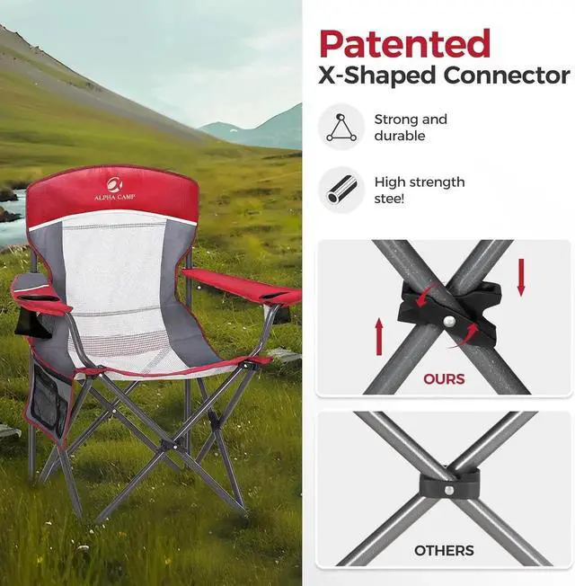 Alt view image 6 of 7 - 2PC Oversized Mesh Back Camping Folding Chair Heavy Duty Support 350 LBS Collapsible Steel Frame Quad Chair Padded Arm Chair with Cup Holder Portable for Outdoor (Red-2PC)
