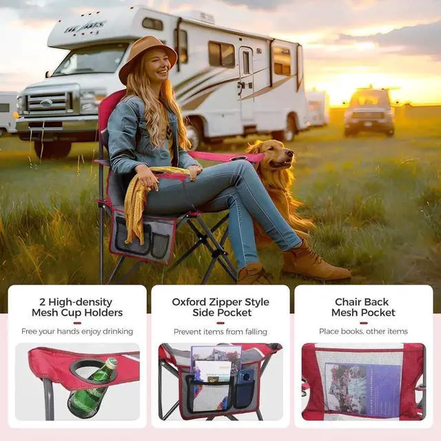 Alt view image 7 of 7 - 2PC Oversized Mesh Back Camping Folding Chair Heavy Duty Support 350 LBS Collapsible Steel Frame Quad Chair Padded Arm Chair with Cup Holder Portable for Outdoor (Red-2PC)