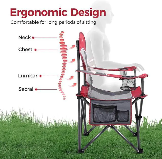 Alt view image 3 of 7 - 2PC Oversized Mesh Back Camping Folding Chair Heavy Duty Support 350 LBS Collapsible Steel Frame Quad Chair Padded Arm Chair with Cup Holder Portable for Outdoor (Red-2PC)