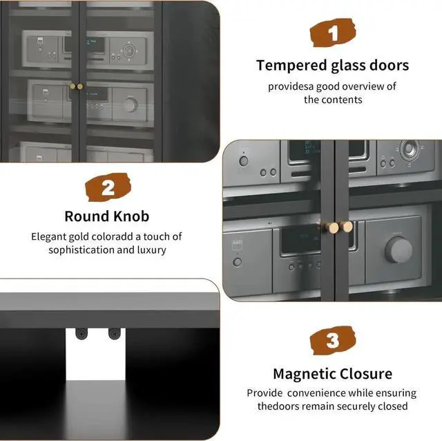Alt view image 7 of 7 - Heavy Duty 4-Tier Media Cabinet, Audio-Video Media Stand with Tempered Glass Doors, Metal Stereo Cabinets with 3 Adjust Shelves, Storage Cabinet for Entertainment Stereo Component