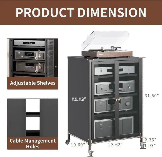 Alt view image 6 of 7 - Heavy Duty 4-Tier Media Cabinet, Audio-Video Media Stand with Tempered Glass Doors, Metal Stereo Cabinets with 3 Adjust Shelves, Storage Cabinet for Entertainment Stereo Component
