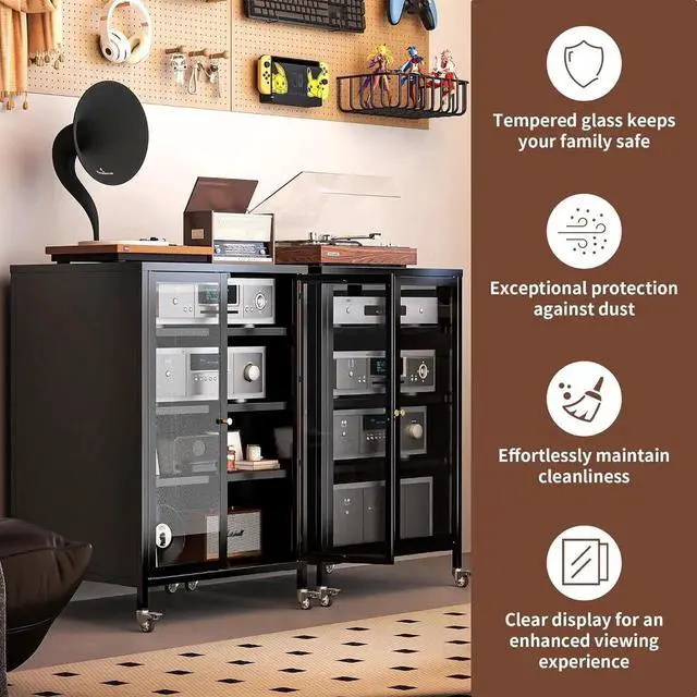 Alt view image 2 of 7 - Heavy Duty 4-Tier Media Cabinet, Audio-Video Media Stand with Tempered Glass Doors, Metal Stereo Cabinets with 3 Adjust Shelves, Storage Cabinet for Entertainment Stereo Component