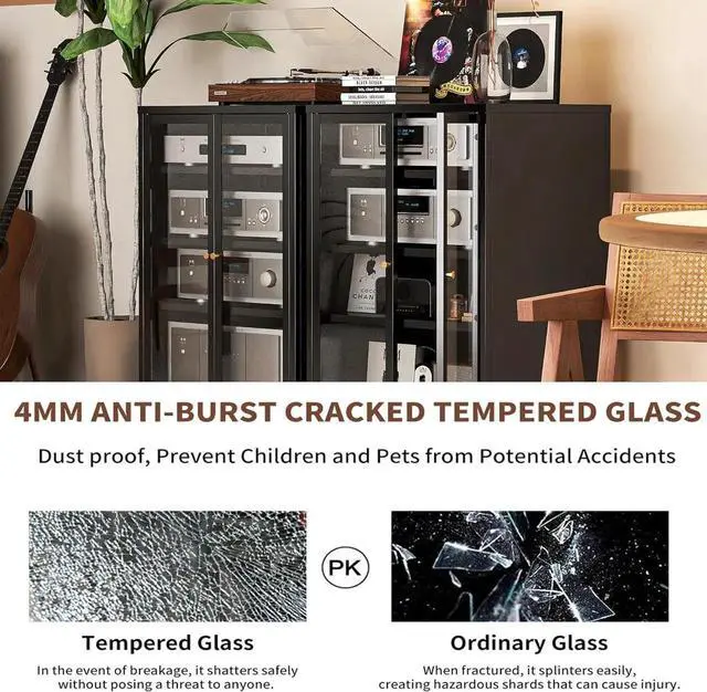 Alt view image 3 of 7 - Heavy Duty 4-Tier Media Cabinet, Audio-Video Media Stand with Tempered Glass Doors, Metal Stereo Cabinets with 3 Adjust Shelves, Storage Cabinet for Entertainment Stereo Component