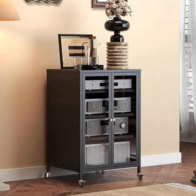 Main image of Heavy Duty 4-Tier Media Cabinet, Audio-Video Media Stand with Tempered Glass Doors, Metal Stereo Cabinets with 3 Adjust Shelves, Storage Cabinet for Entertainment Stereo Component
