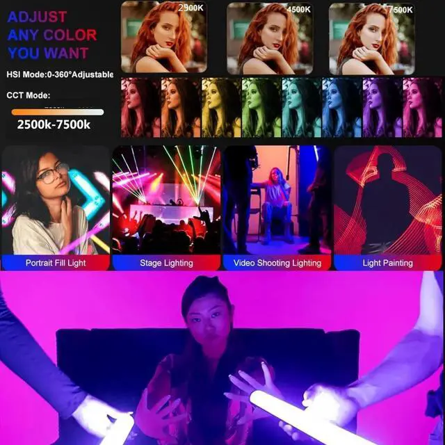 Alt view image 6 of 7 - T2C RGBWW LED Tube Light,20W 2500K-7500K Adjust RGB Light Wand Support APP and DMX Control 46 Color Gel Presets (60cm)