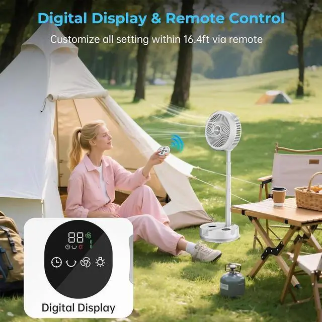 Alt view image 3 of 7 - 40000mAh Battery Operated Fan, Rechargeable Collapsible 106H Run, 9 Speeds Oscillating with Remote, Powered Timer & Light for Travel Cruise Essentials RV Outdoor Power Outage White 10 inch