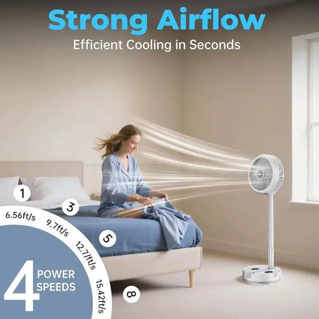 Alt view image 2 of 7 - 40000mAh Battery Operated Fan, Rechargeable Collapsible 106H Run, 9 Speeds Oscillating with Remote, Powered Timer & Light for Travel Cruise Essentials RV Outdoor Power Outage White 10 inch