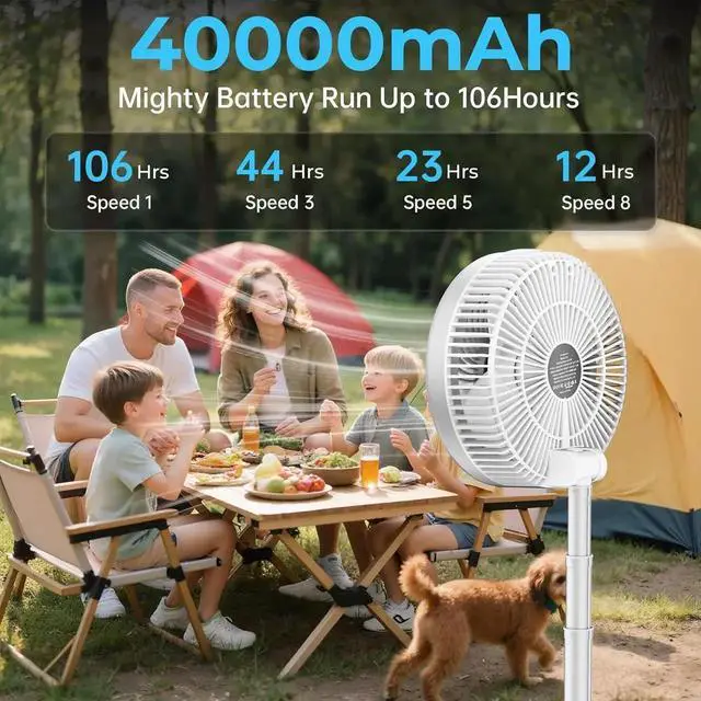 Alt view image 4 of 7 - 40000mAh Battery Operated Fan, Rechargeable Collapsible 106H Run, 9 Speeds Oscillating with Remote, Powered Timer & Light for Travel Cruise Essentials RV Outdoor Power Outage White 10 inch