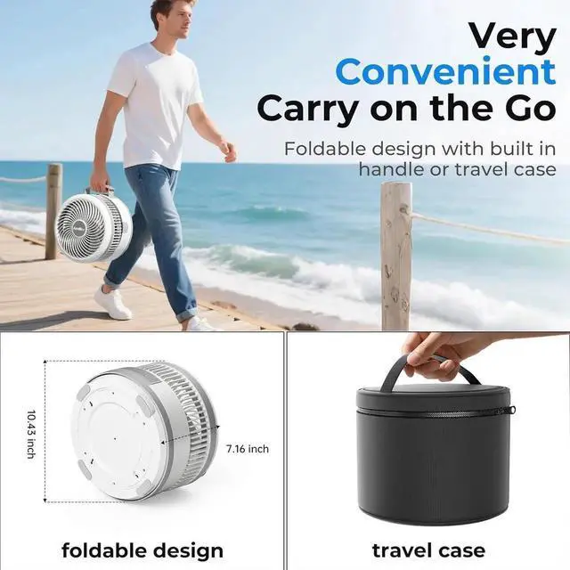 Alt view image 6 of 7 - 40000mAh Battery Operated Fan, Rechargeable Collapsible 106H Run, 9 Speeds Oscillating with Remote, Powered Timer & Light for Travel Cruise Essentials RV Outdoor Power Outage White 10 inch