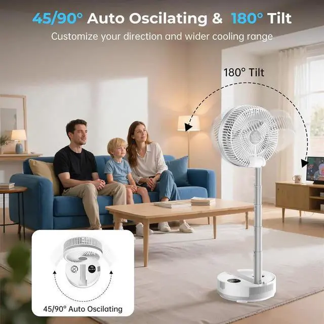 Alt view image 5 of 7 - 40000mAh Battery Operated Fan, Rechargeable Collapsible 106H Run, 9 Speeds Oscillating with Remote, Powered Timer & Light for Travel Cruise Essentials RV Outdoor Power Outage White 10 inch