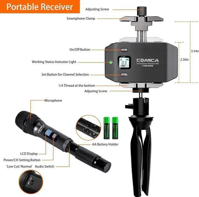 Alt view image 2 of 7 - CVM-WS50(H) Wireless Microphone System, 6 Channels Handheld Interview Microphone with Flexible Combination Grip for Smartphone, Camera, Perfect for YouTube, Interview, Video Conference, Podcast