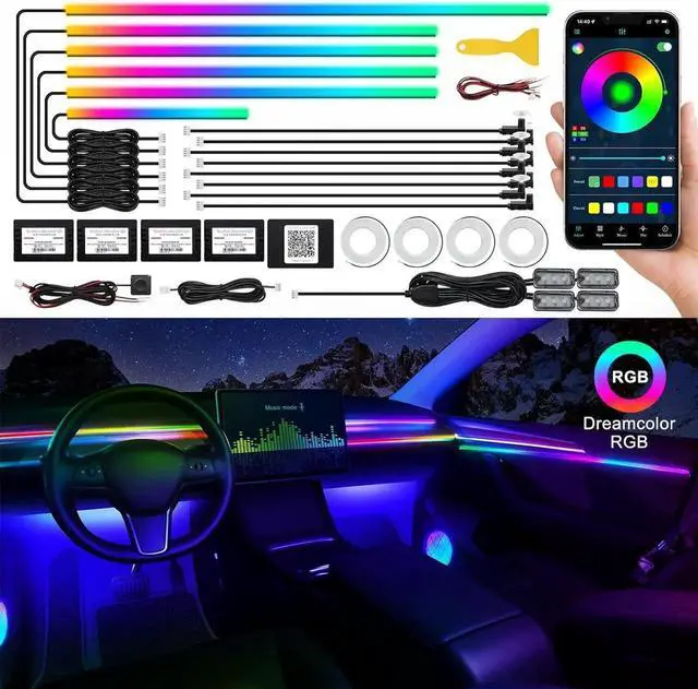Alt view image 6 of 7 - Dreamcolor Acrylic Interior Car LED Strip Light with Wireless APP, RGB 22 in 1 with 175 inches 593 LEDs Fiber Optic Ambient Lighting Kits, 16 Million Colors Sound Active Function Car Neon Lights