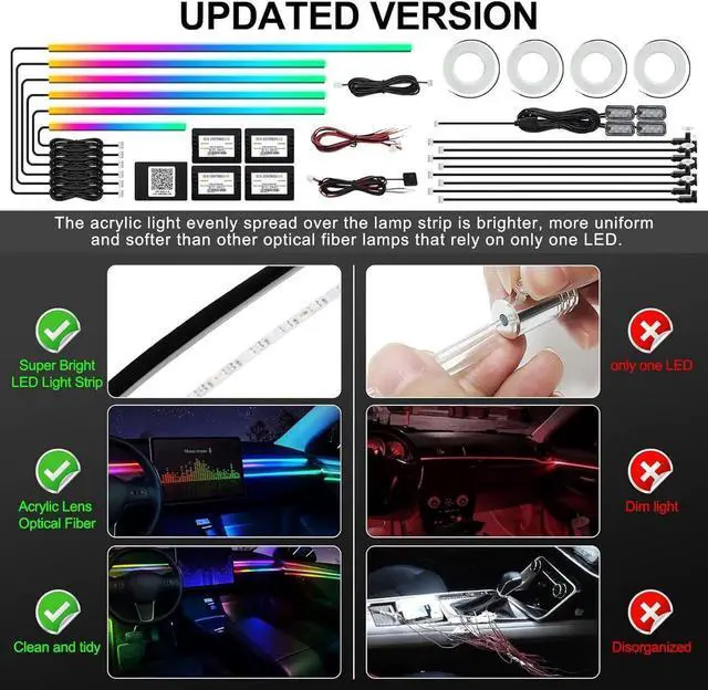 Alt view image 3 of 7 - Dreamcolor Acrylic Interior Car LED Strip Light with Wireless APP, RGB 22 in 1 with 175 inches 593 LEDs Fiber Optic Ambient Lighting Kits, 16 Million Colors Sound Active Function Car Neon Lights