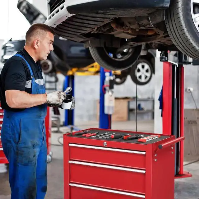 Alt view image 7 of 7 - 4-Drawer Tool Chest with Wheels & Lock & Key, Heavy Duty Cart Rolling Tool Box on Wheels, Metal Storage Cabinet, Rolling Tool Cart with Drawers for Garage, Warehouse & Repair Shop (Red)