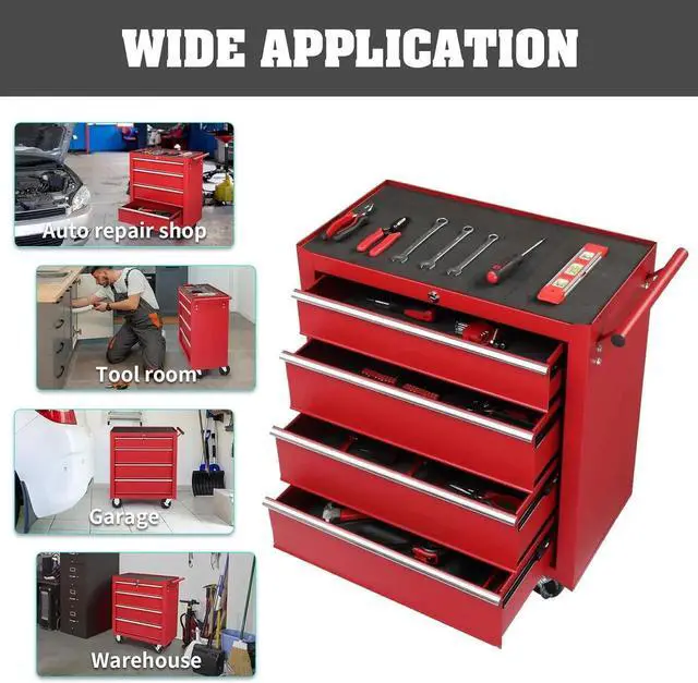 Alt view image 4 of 7 - 4-Drawer Tool Chest with Wheels & Lock & Key, Heavy Duty Cart Rolling Tool Box on Wheels, Metal Storage Cabinet, Rolling Tool Cart with Drawers for Garage, Warehouse & Repair Shop (Red)