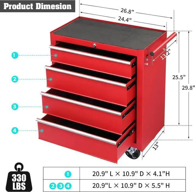Alt view image 6 of 7 - 4-Drawer Tool Chest with Wheels & Lock & Key, Heavy Duty Cart Rolling Tool Box on Wheels, Metal Storage Cabinet, Rolling Tool Cart with Drawers for Garage, Warehouse & Repair Shop (Red)