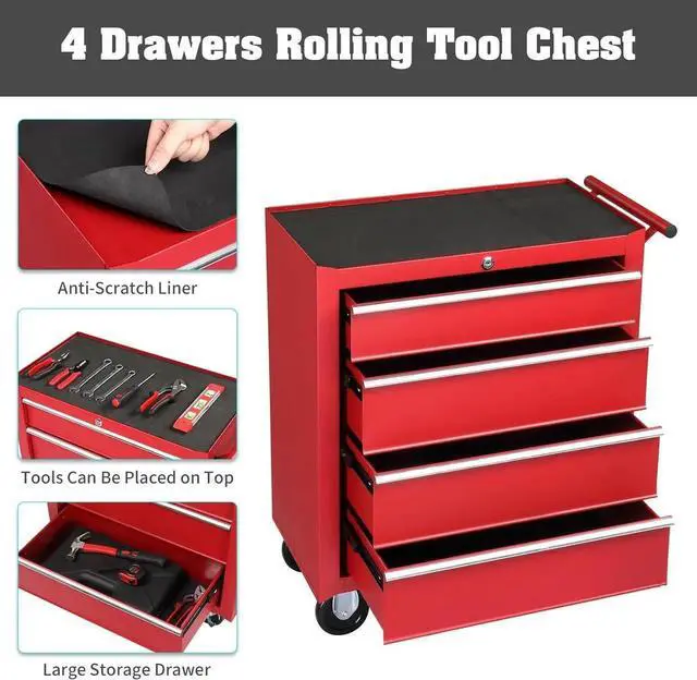 Alt view image 5 of 7 - 4-Drawer Tool Chest with Wheels & Lock & Key, Heavy Duty Cart Rolling Tool Box on Wheels, Metal Storage Cabinet, Rolling Tool Cart with Drawers for Garage, Warehouse & Repair Shop (Red)