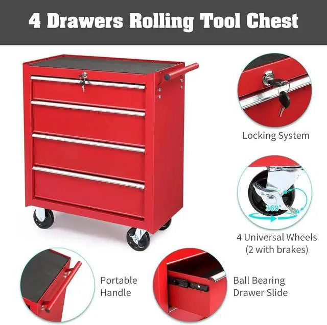 Alt view image 2 of 7 - 4-Drawer Tool Chest with Wheels & Lock & Key, Heavy Duty Cart Rolling Tool Box on Wheels, Metal Storage Cabinet, Rolling Tool Cart with Drawers for Garage, Warehouse & Repair Shop (Red)