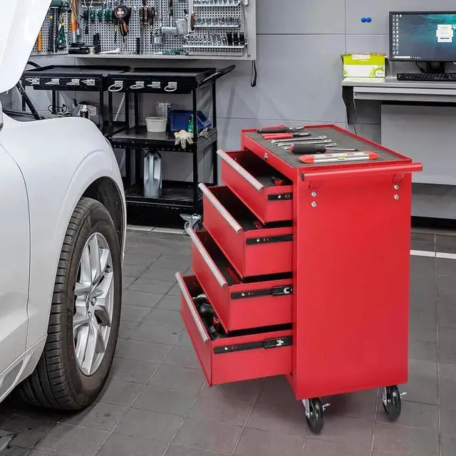 Alt view image 3 of 7 - 4-Drawer Tool Chest with Wheels & Lock & Key, Heavy Duty Cart Rolling Tool Box on Wheels, Metal Storage Cabinet, Rolling Tool Cart with Drawers for Garage, Warehouse & Repair Shop (Red)