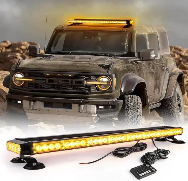 Alt view image 2 of 7 - 38" Amber Yellow Rooftop Beacon Warning Emergency Flashing Snow Plow Light Bar Double Side Strobe Light Traffic Advisor with Magnetic Base for Tow Work Truck Pickup (Amber/Amber)