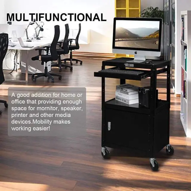 Alt view image 6 of 7 - AV Presentation C for Video Projector, Laptop Computer, Mobile Workstation Utility Media C for School Classroom Office, Rolling Storage Stand with Locking Cabinet Keyboard Shelf