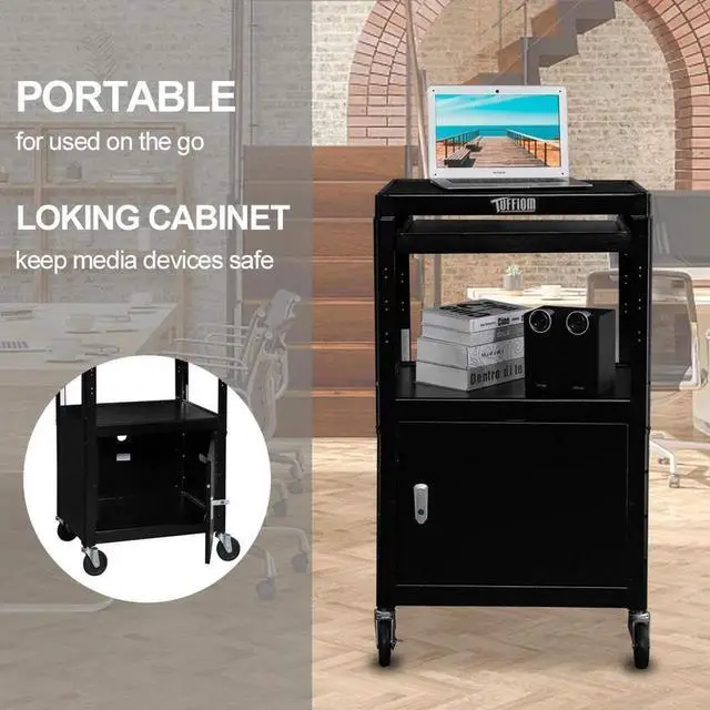 Alt view image 7 of 7 - AV Presentation C for Video Projector, Laptop Computer, Mobile Workstation Utility Media C for School Classroom Office, Rolling Storage Stand with Locking Cabinet Keyboard Shelf